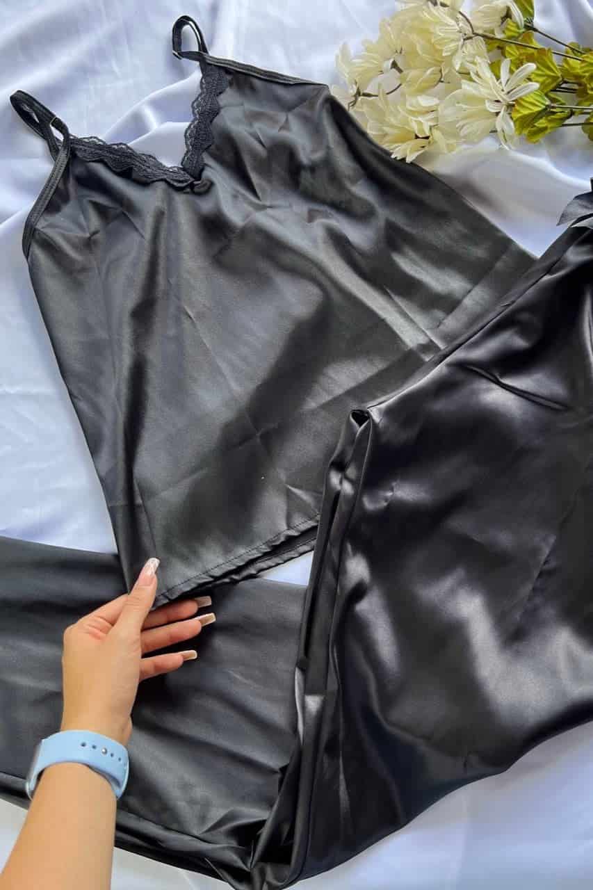 Pijama Pantalón Satín Negra - miniatura 3