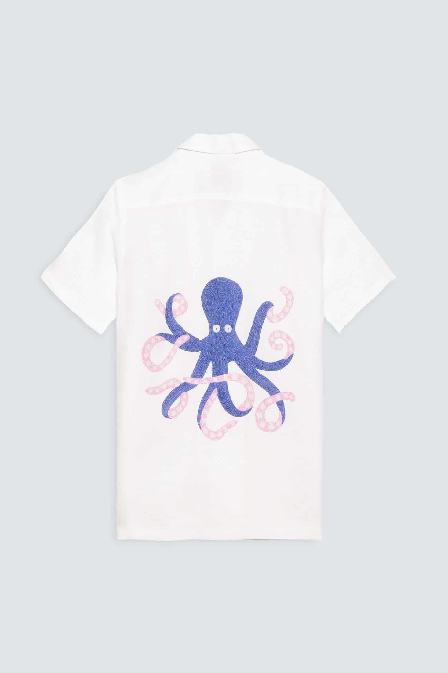 Men's linen shirt white octopus - miniatura 1