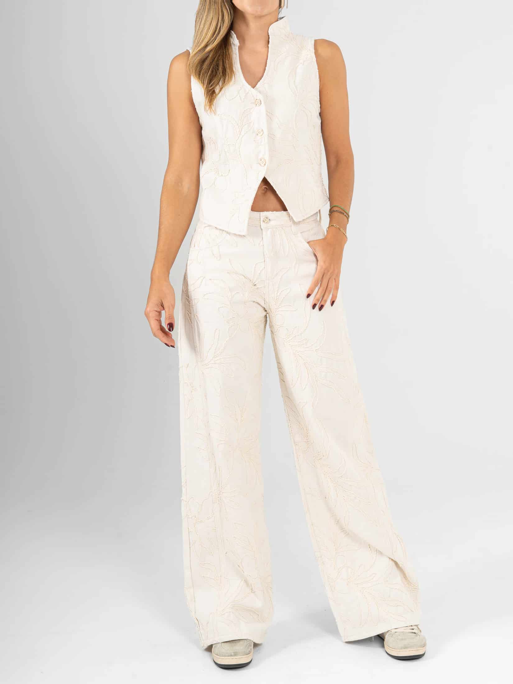 Ref: 0620305 Pantalón wide leg, tiro medio, tela bordada, tono natural - miniatura 1