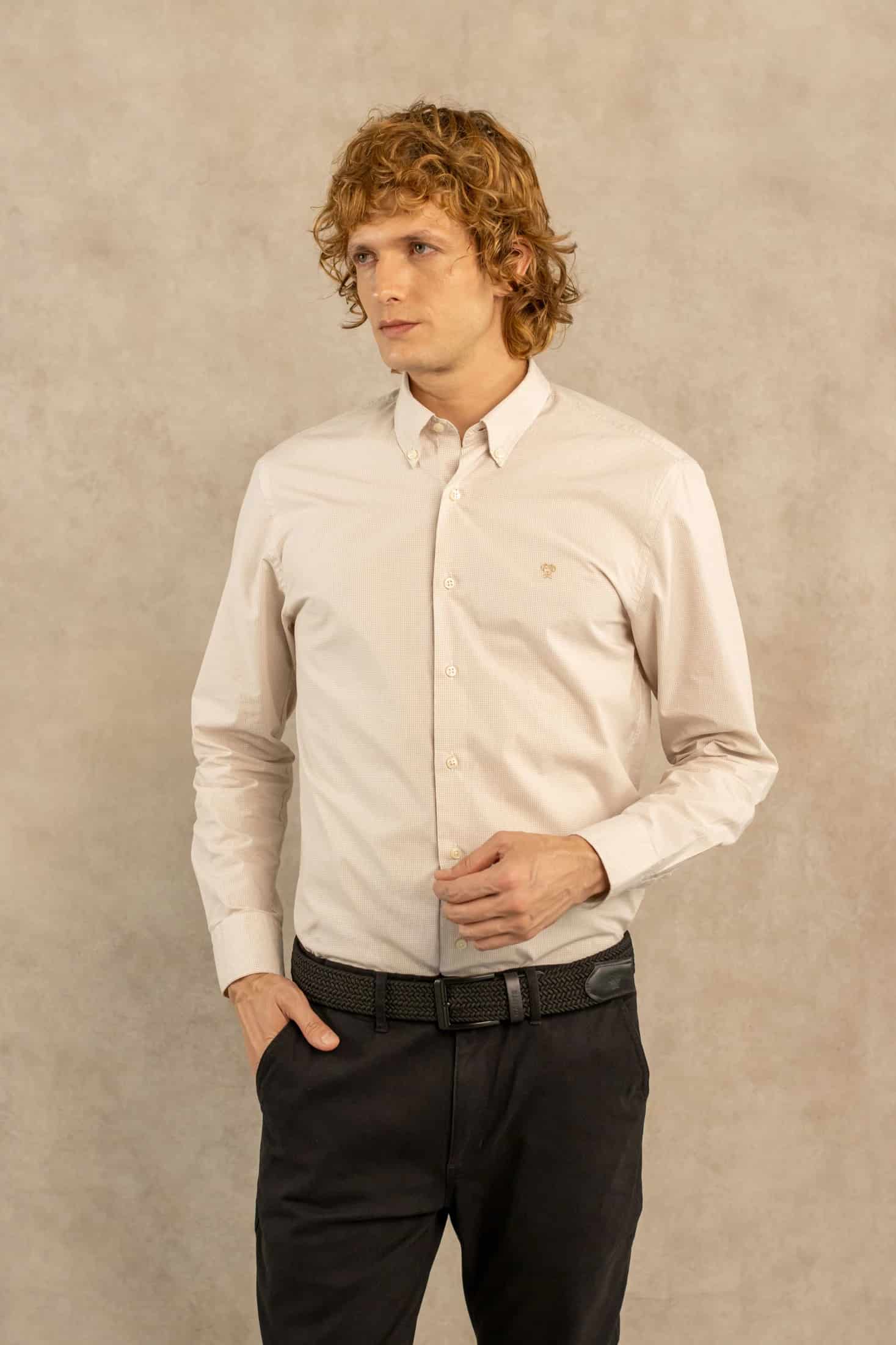 Camisa Antimanchas Popelina Cuadros Pequeños Beige - miniatura 1