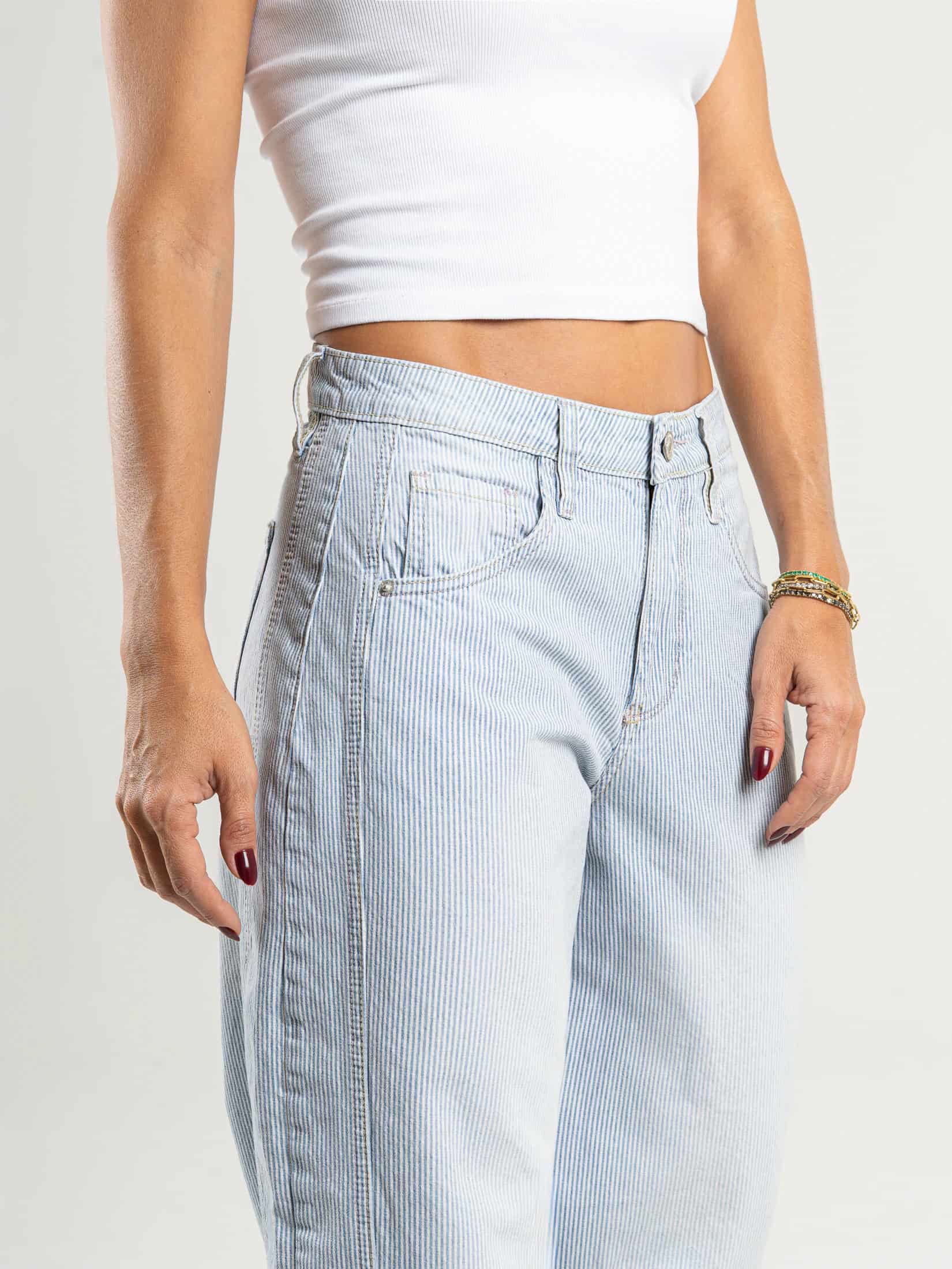 Ref: 066089 Jean wide leg, rayas, rígido, tiro alto, tono azul, pinzas en pierna - miniatura 4