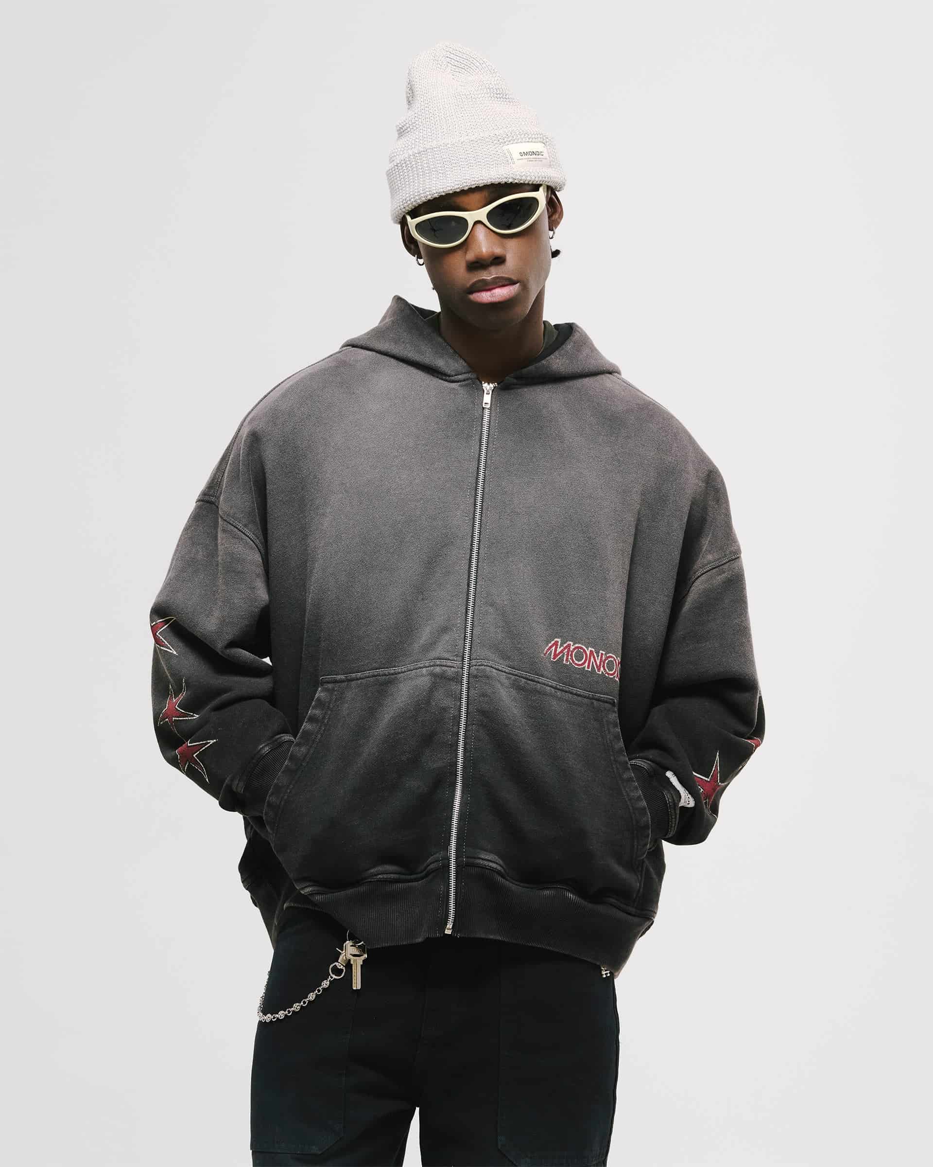 Zip Hoodie Monoic Records - Negro Desgastado - miniatura 5