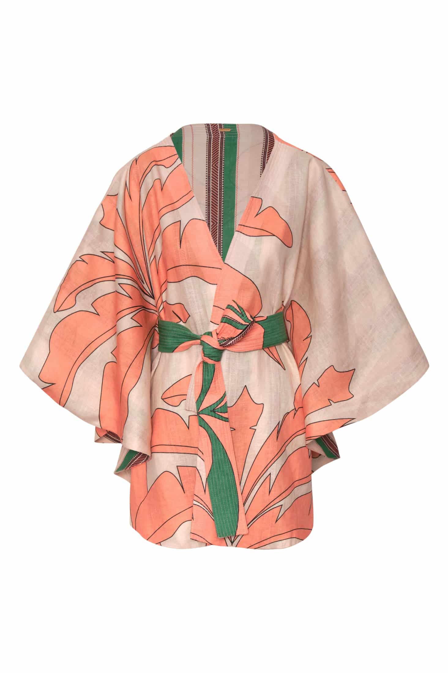 Cavalo Linen Poncho / Peach Palms - Green Artisanal Stripes - miniatura 5