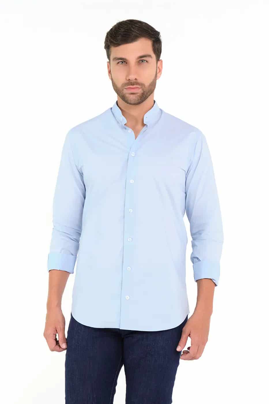 Camisa Cuello Nerú Slim Fit 100% Algodón Azul Claro - miniatura 1