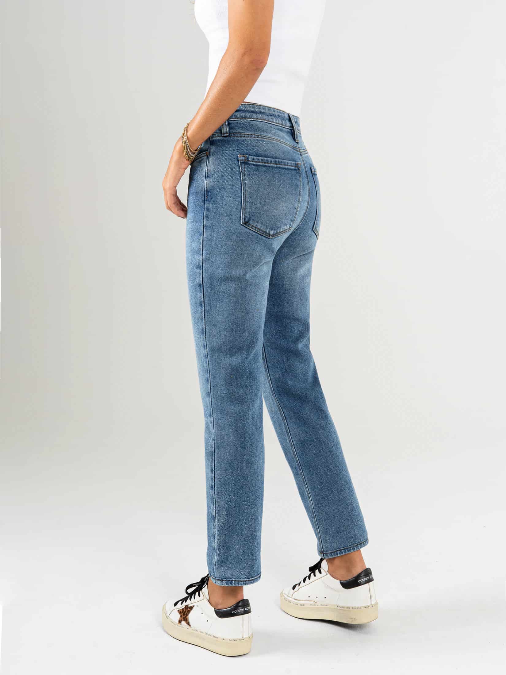 Ref: 065803 Jean Mom fit, slim cropped, stretch, tiro alto, tono azul medio claro - miniatura 3