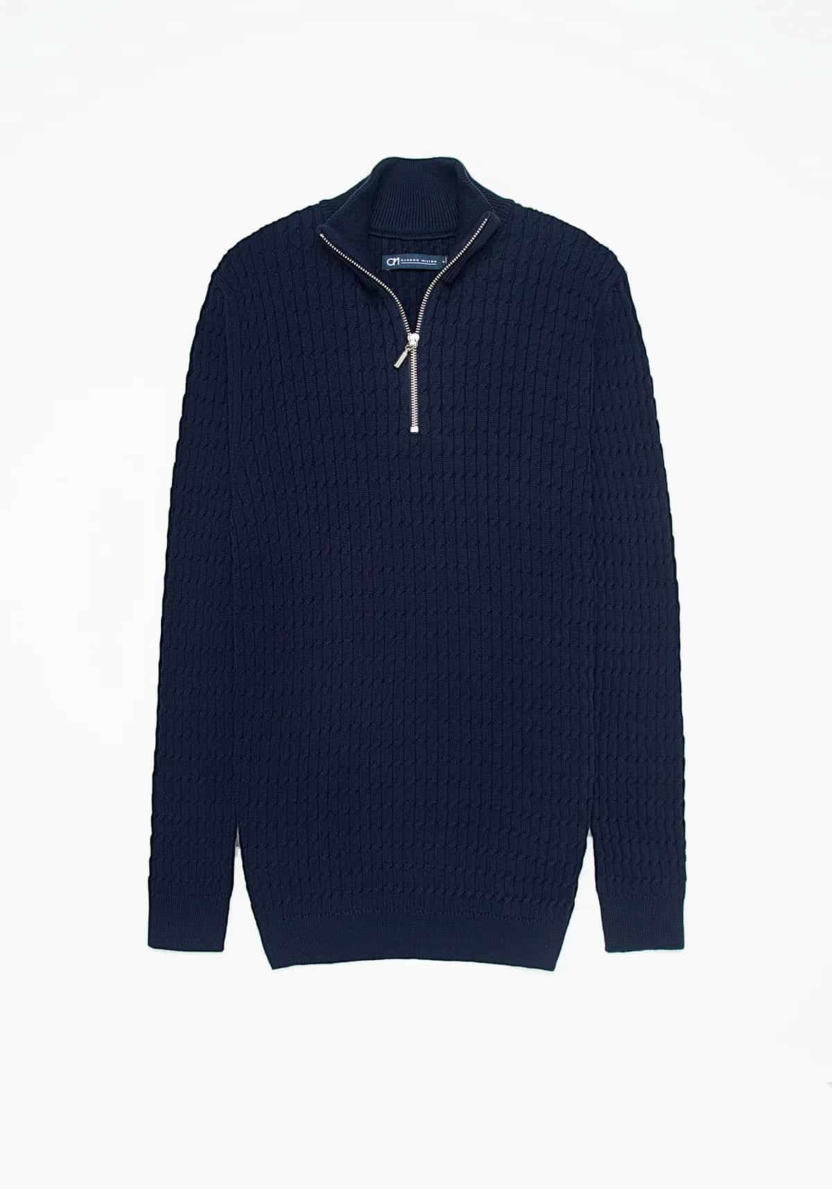 Saco Trenzado Half Zip Algodón Azul Oscuro - miniatura 1