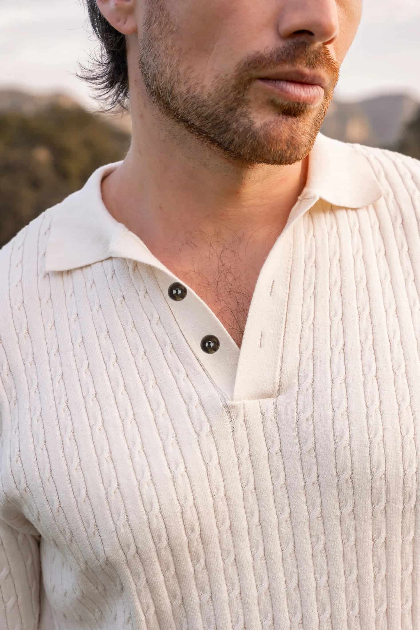 Camiseta polo trenzada tejida Hombre Hueso - miniatura 11