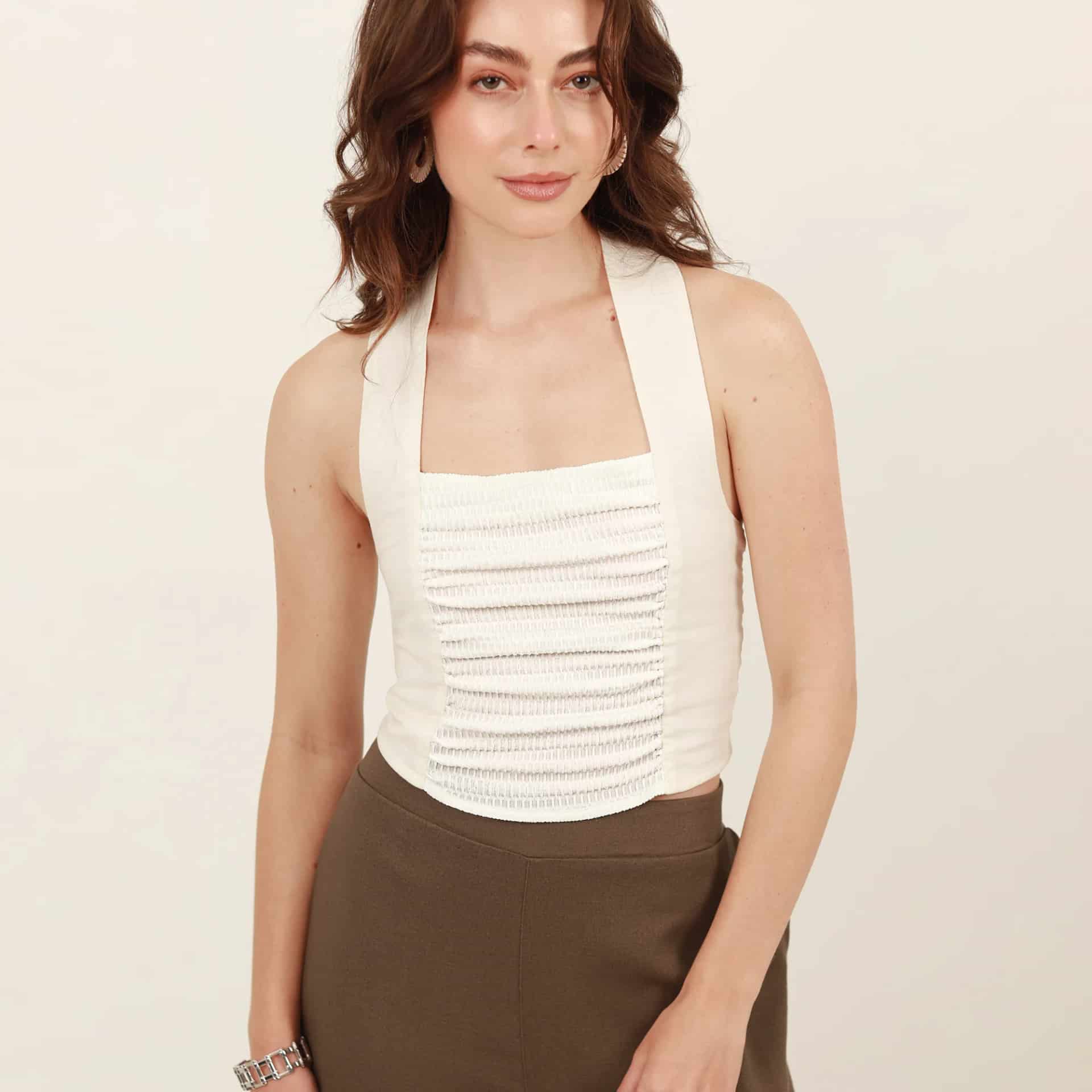 Blusa con lazo en cuello y combinación de tejidos - miniatura 7