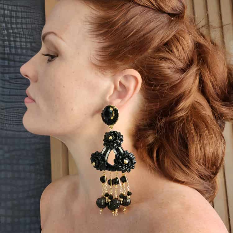 Fiber Oval Flower Black Earrings - miniatura 2