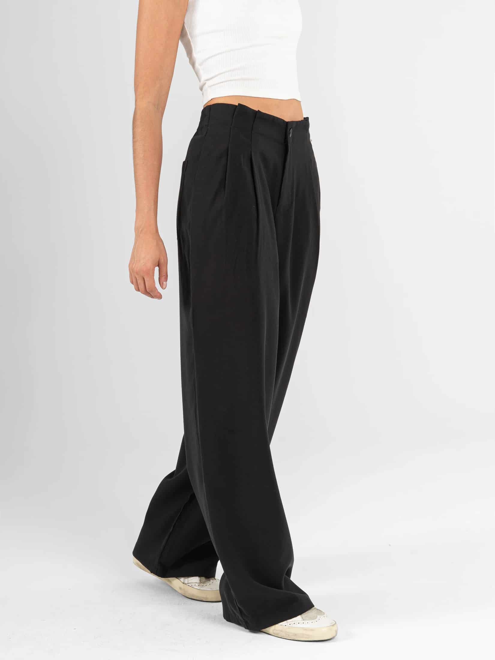 Ref: 0620585 Pantalón wide leg, tejido plano liviano, tiro alto, pretina resortada, tono negro - miniatura 3