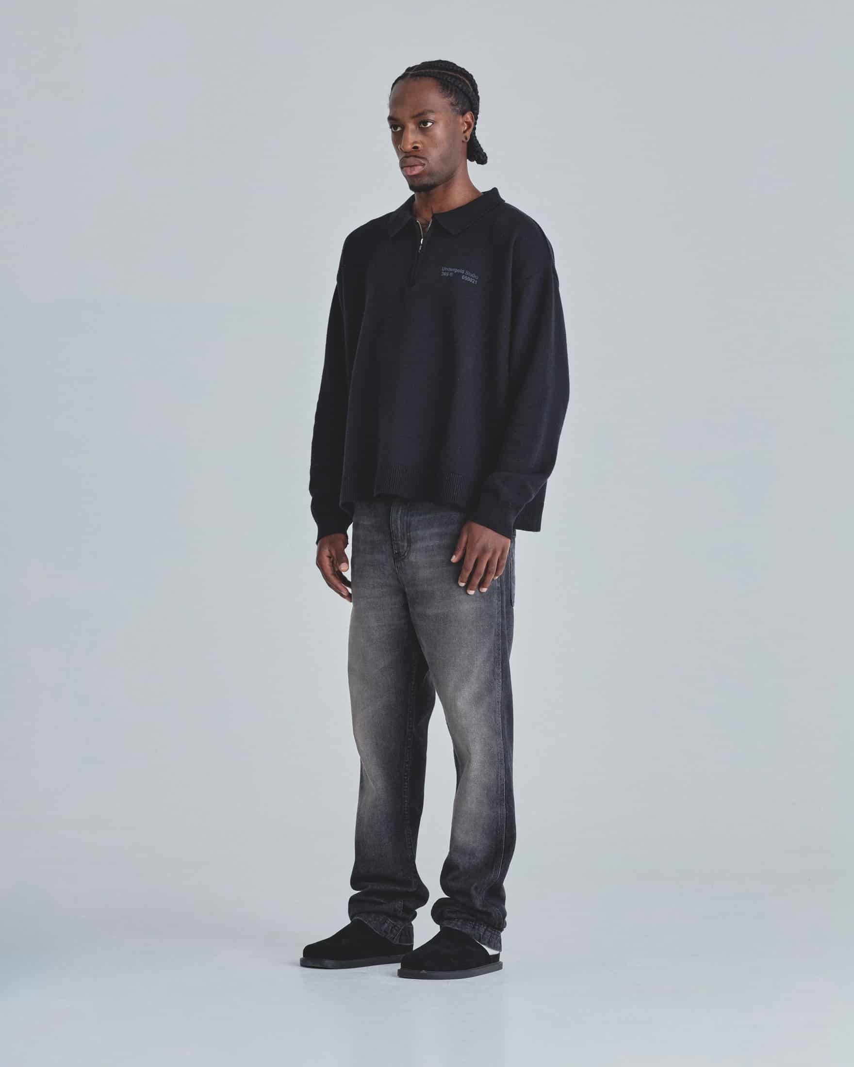 Line Knit Zip Up Long Sleeve Polo Shirt Black - miniatura 5