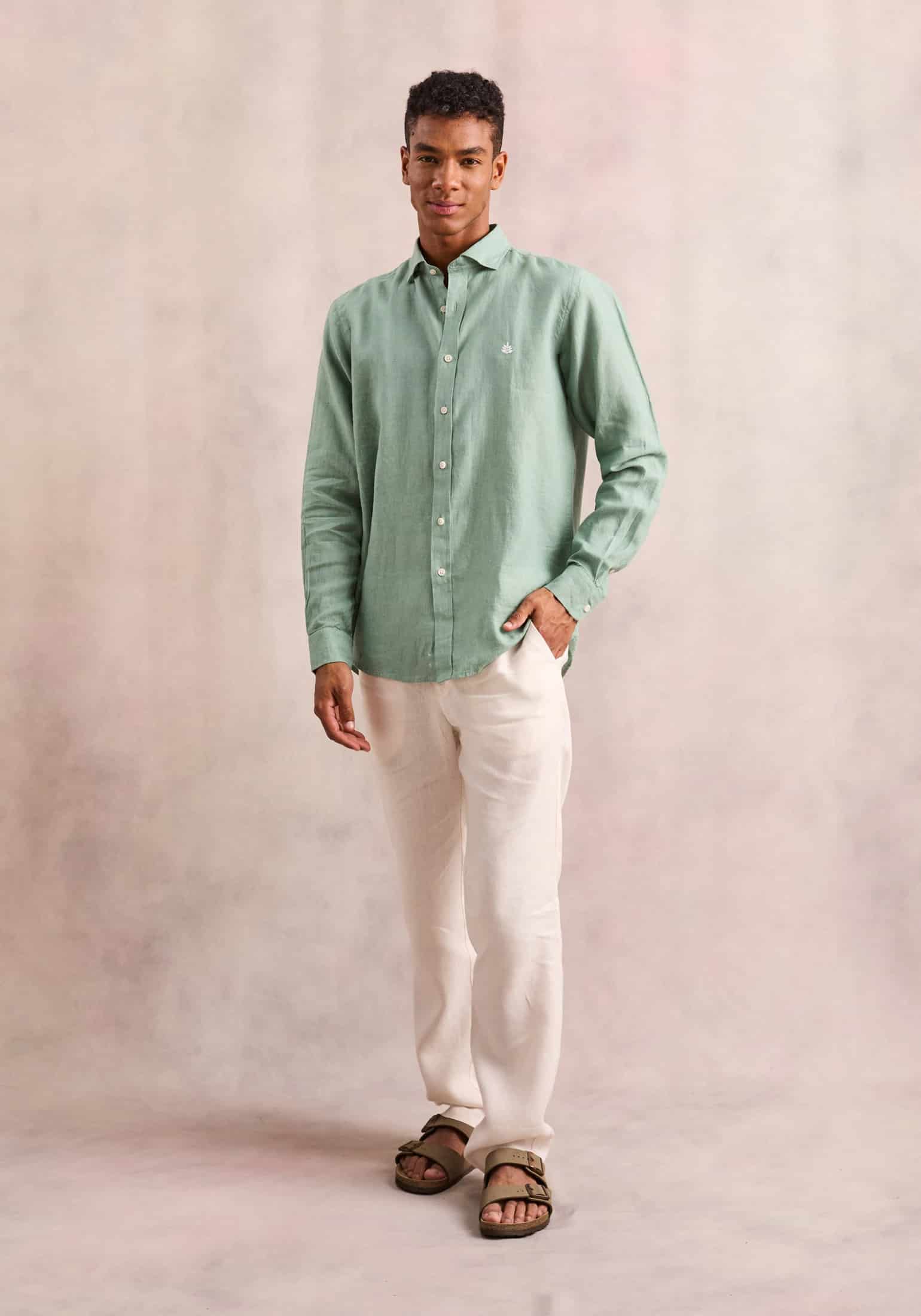 Camisa Lino Cuello Francés Verde Medio L-Bla - miniatura 2