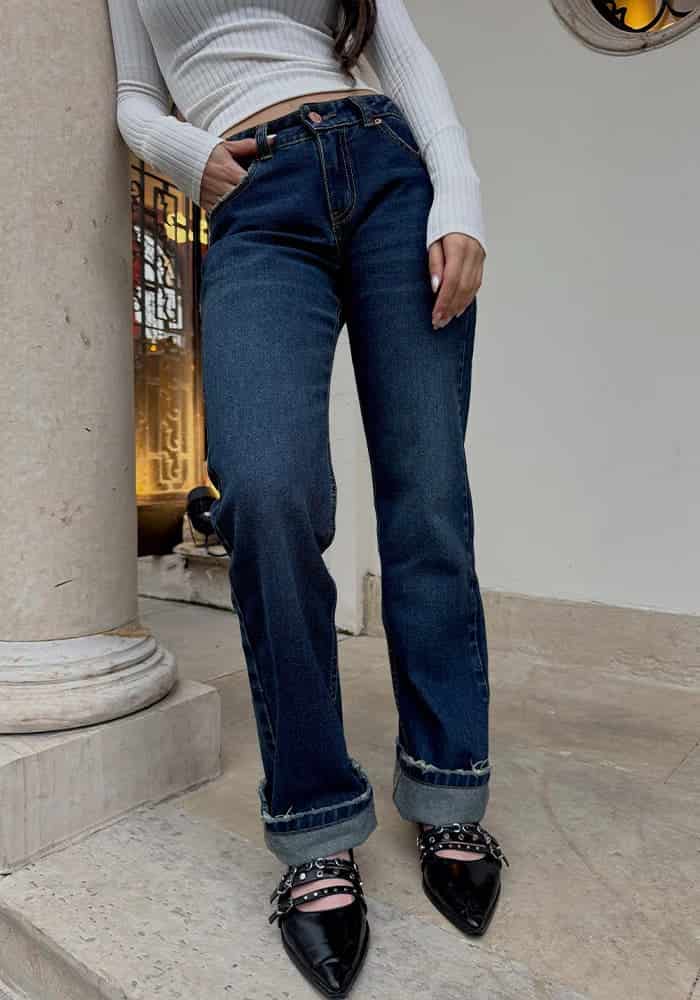 Jeans Straight Leg Azul Oscuro Dirty Tiro Bajo - miniatura 11