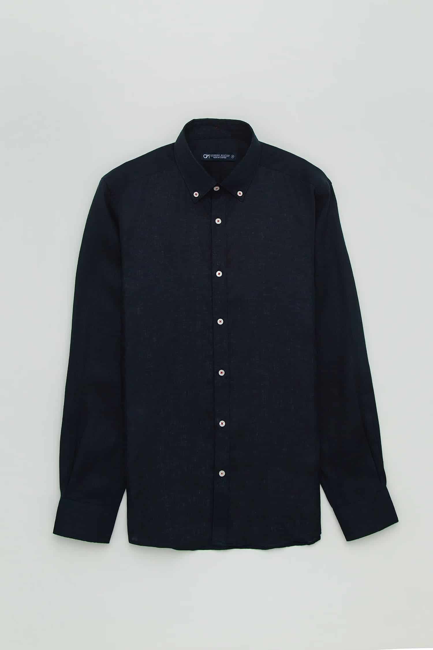 Camisa Button Down Lino Azul Oscuro - miniatura 1