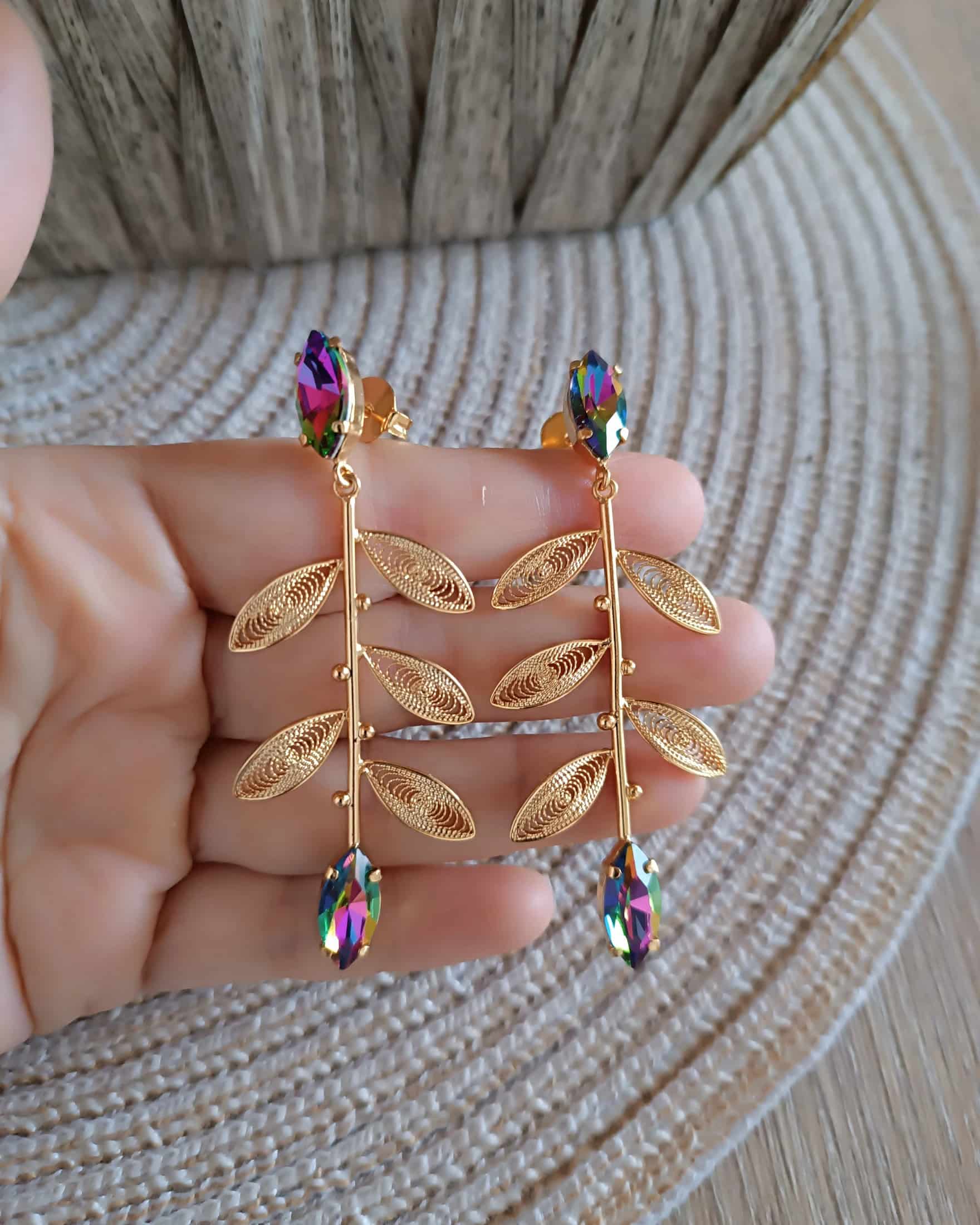 Aretes largos cristal y hojas, Titina - miniatura 3