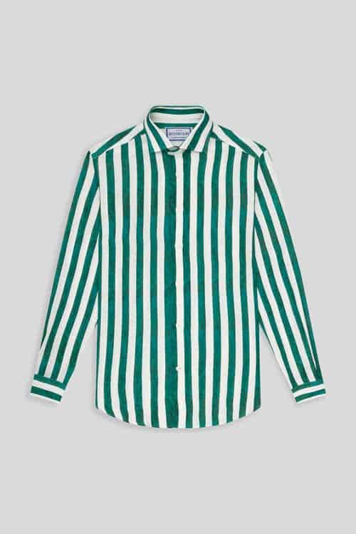 Men's linen shirt green faded striped - miniatura 1