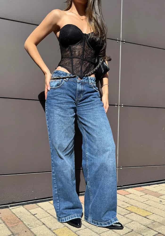Jean Rígido Wide Leg Baggy para Mujer Tono Azul Medio Oscuro Tiro Bajo - miniatura 6