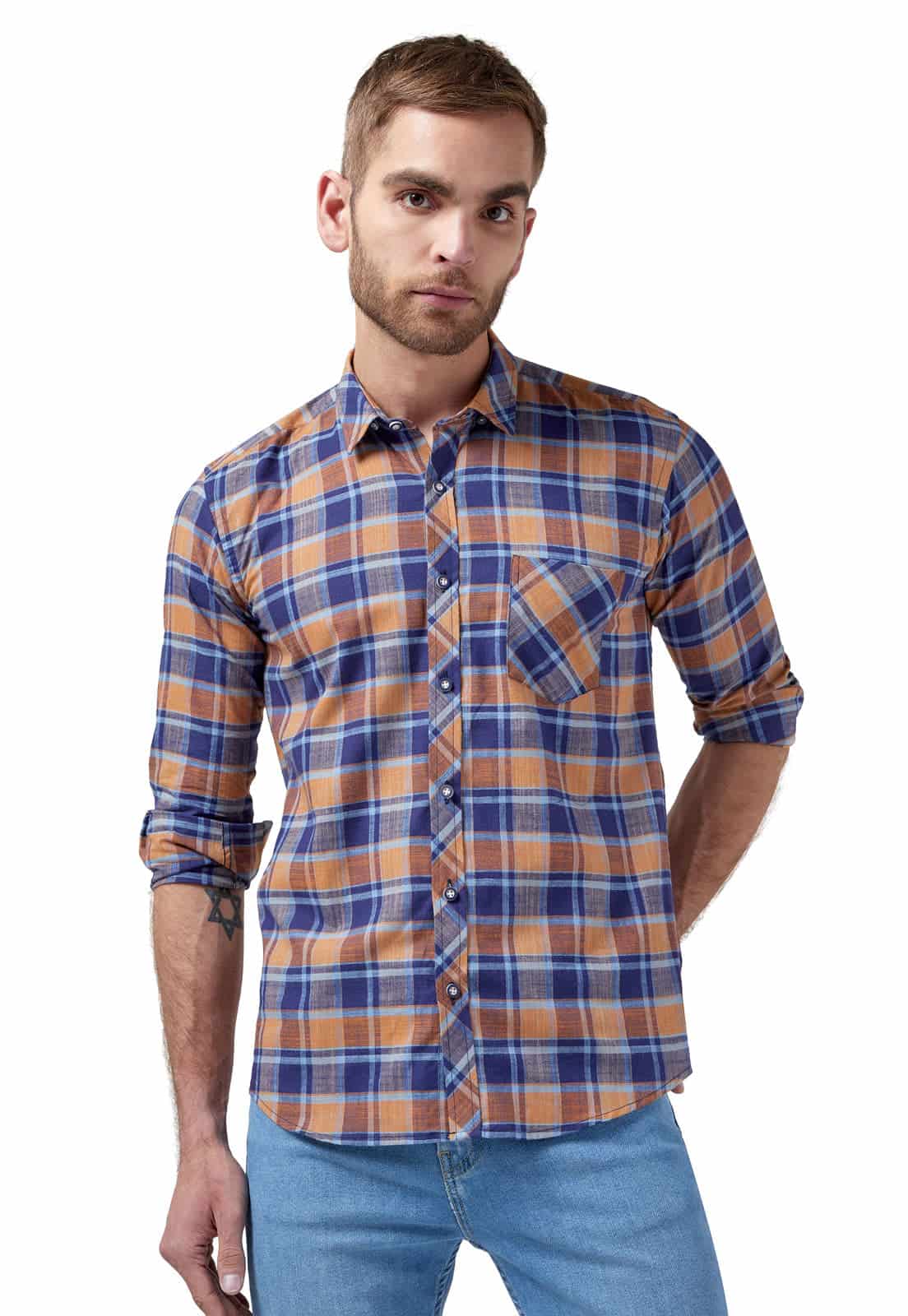 Camisa leñadora a cuadros azules y amarillos - miniatura 1