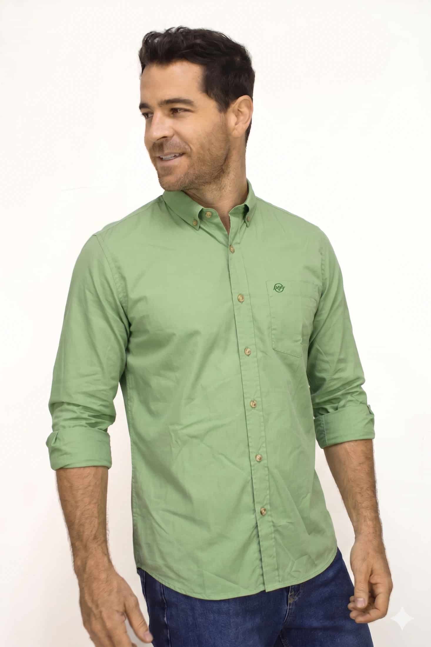 Camisa Manga Larga Verde Para Hombre - miniatura 2