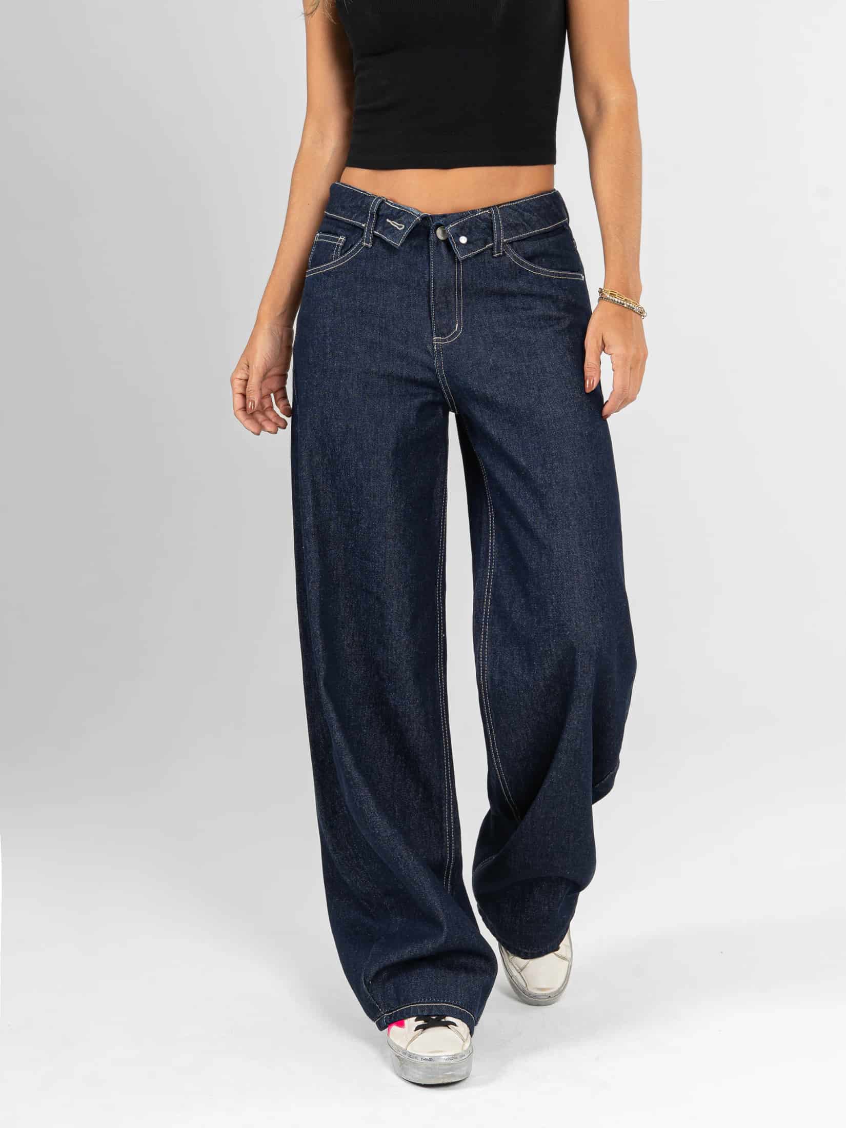 Ref: 066424 Jean wide leg, rígido, tiro medio, detalle en pretina, tono azul oscuro - miniatura 1