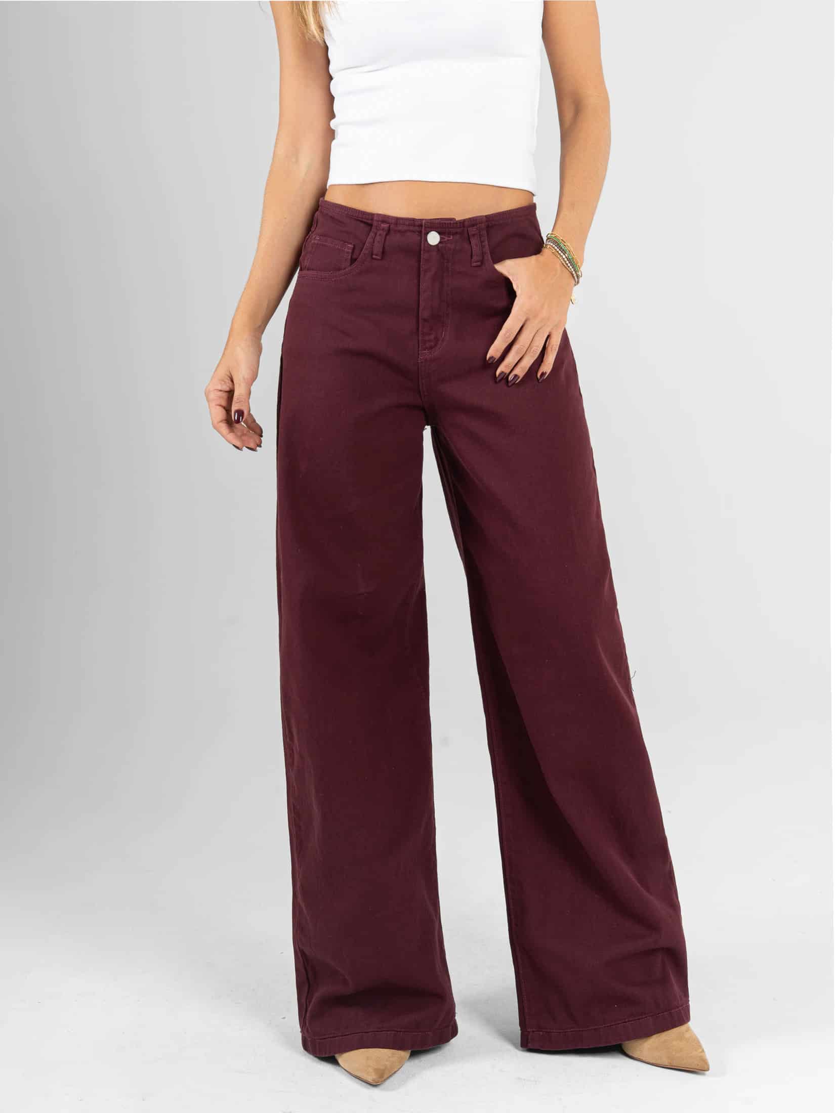 Ref: 0620563 Pantalón wide leg, rígido, tiro alto, detalle en pretina, tono vino tinto - miniatura 1