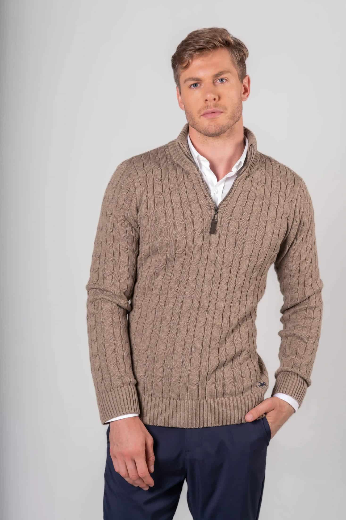 Suéter Halfzip Trenzado Hombre Camel - miniatura 1