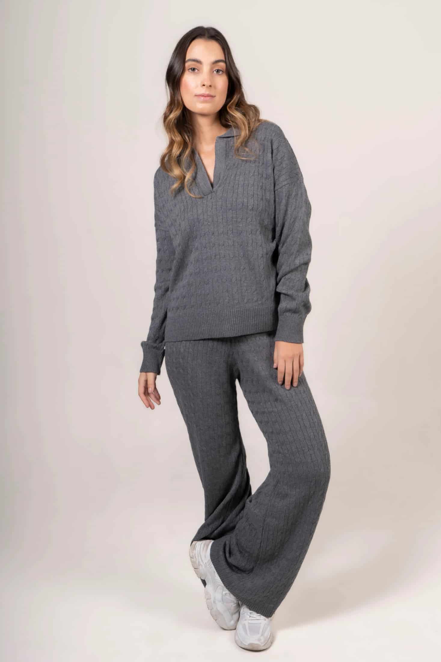 Suéter Trenzado en V Premium Mujer Gris - miniatura 5