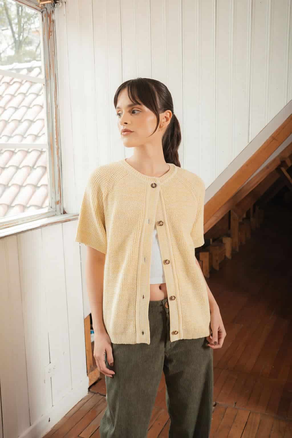 Saco manga corta cardigan perlado amarillo - miniatura 3