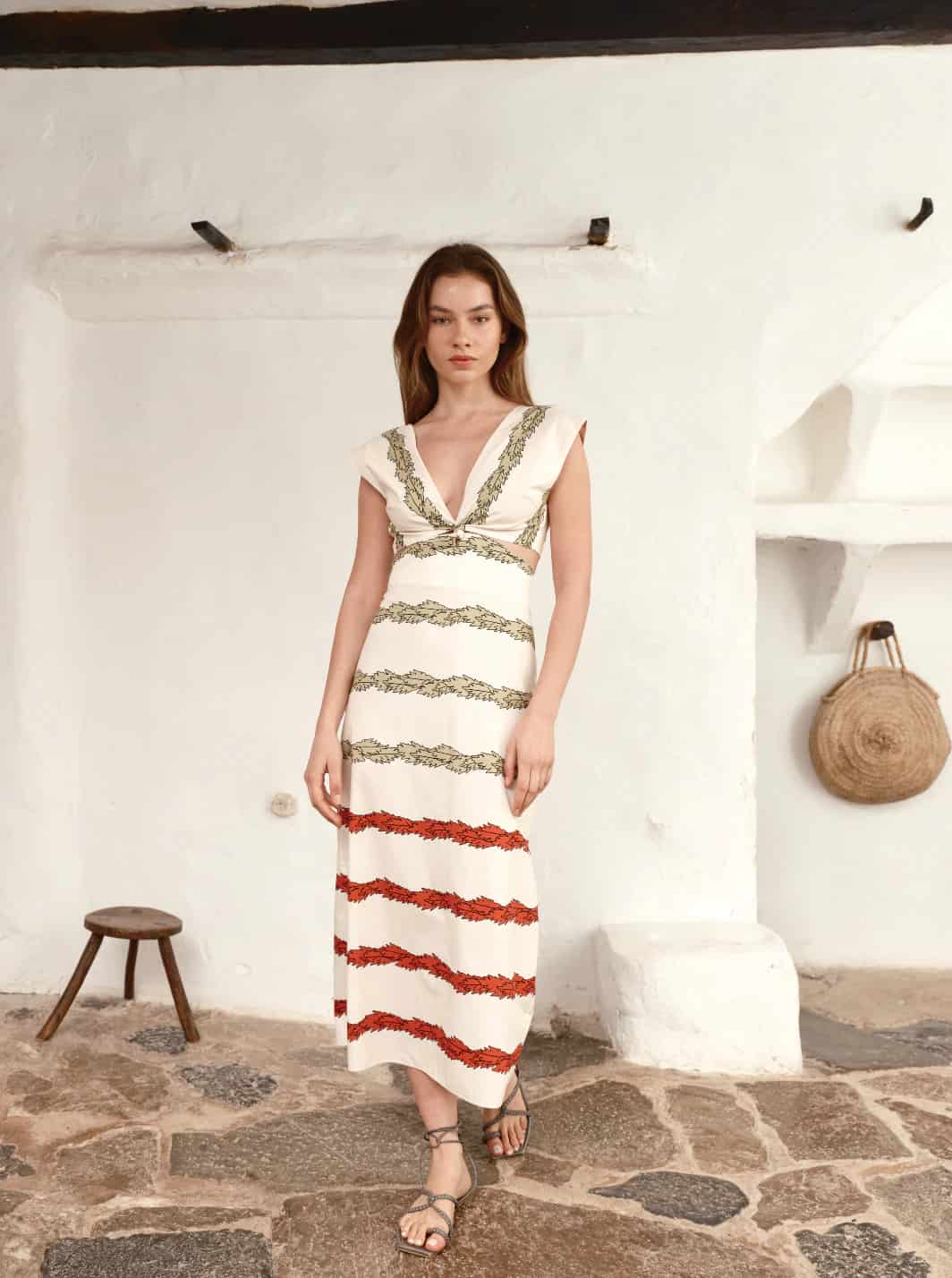 Quinto Sol Cotton Midi Dress / Ivory Striped Helechos - miniatura 1