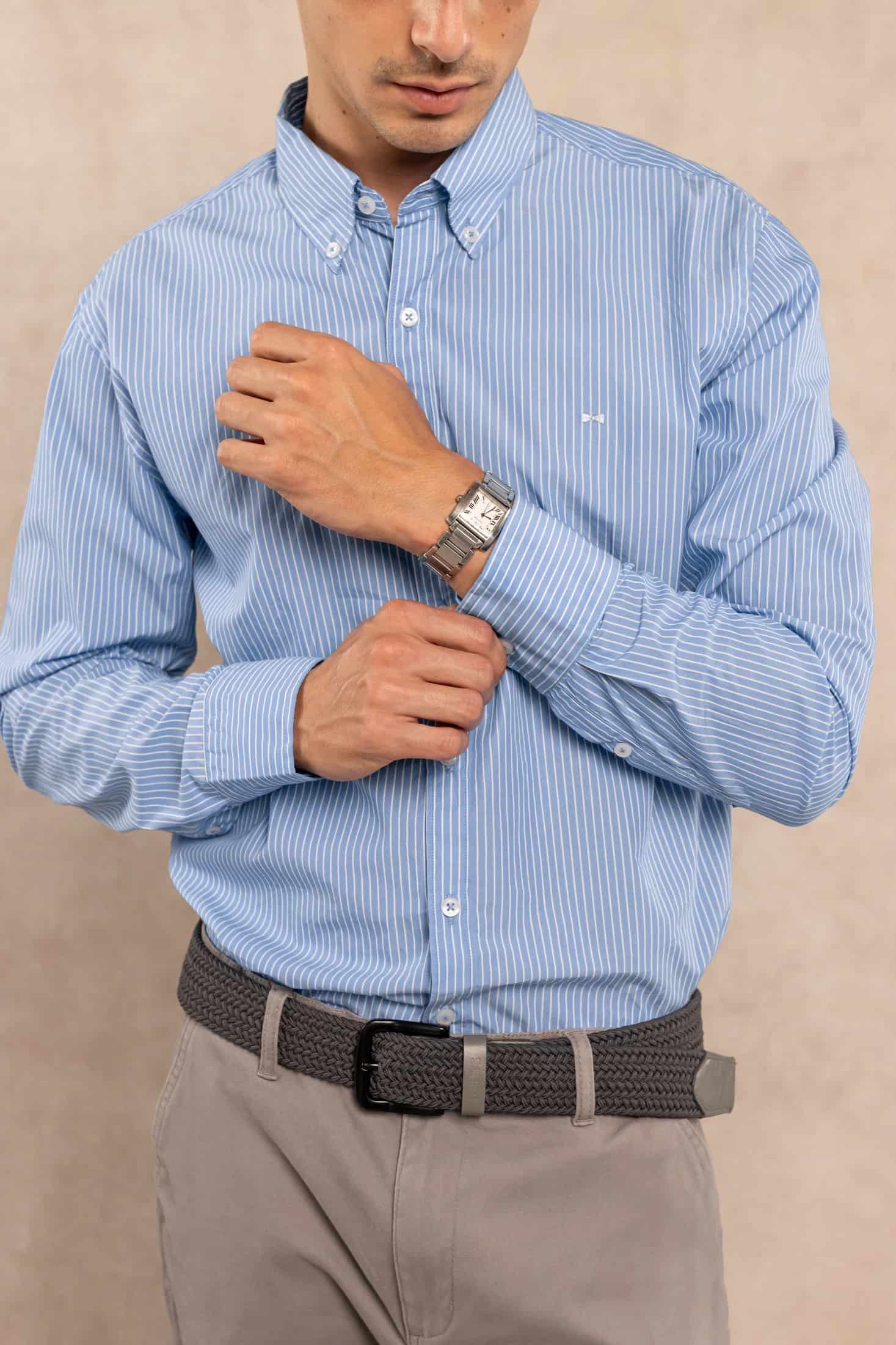 Camisa Antimanchas Popelina Rayas Azul Logo Contraste - miniatura 3