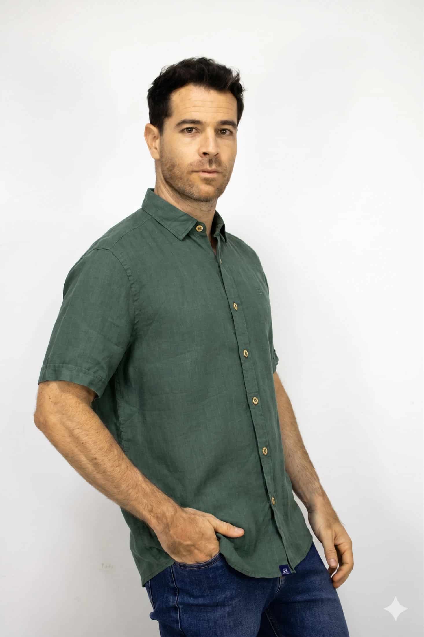 Camisa Lino Manga Corta Verde Para Hombre - miniatura 2