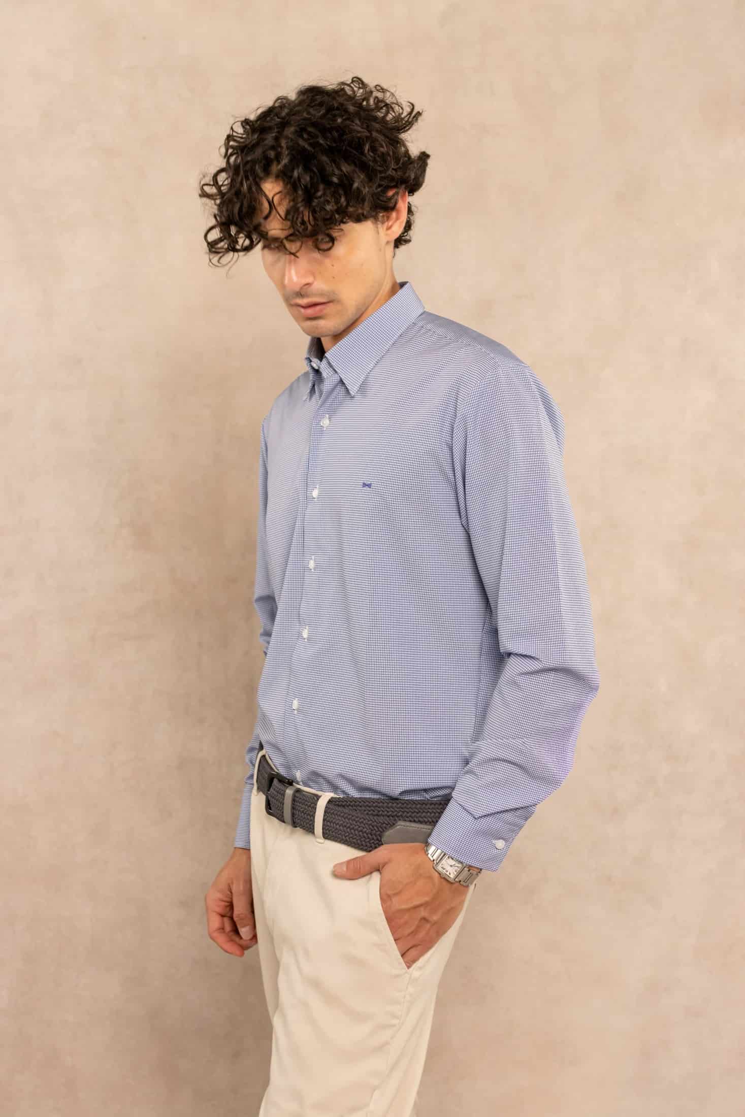 Camisa Performance Antiarrugas Cuadros Textura Azul Oscuro - miniatura 3