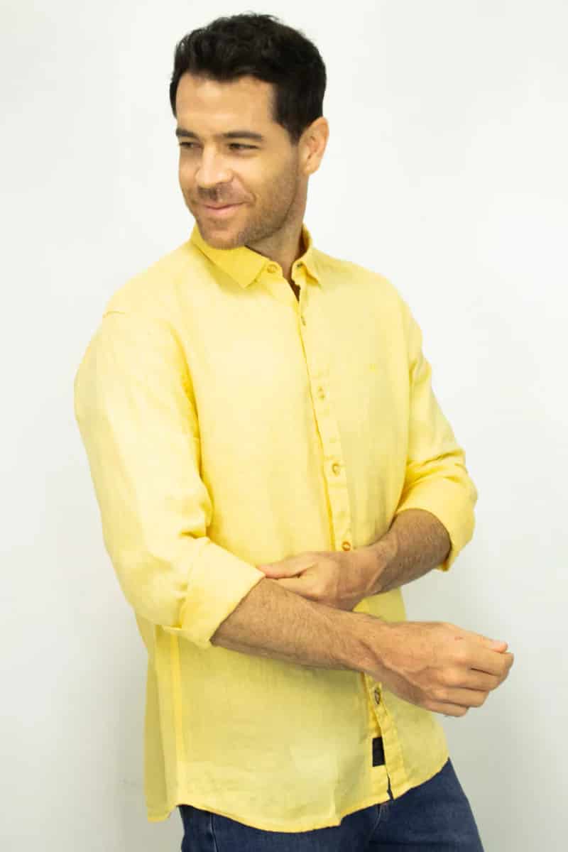 Camisa de Lino Manga Larga Amarilla para Hombre - miniatura 3