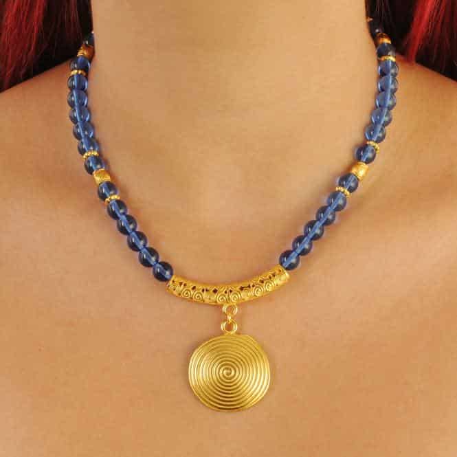 Collar Cristal Checo Azul 8mm, Dije Mediano Pectoral Quimbaya - miniatura 2