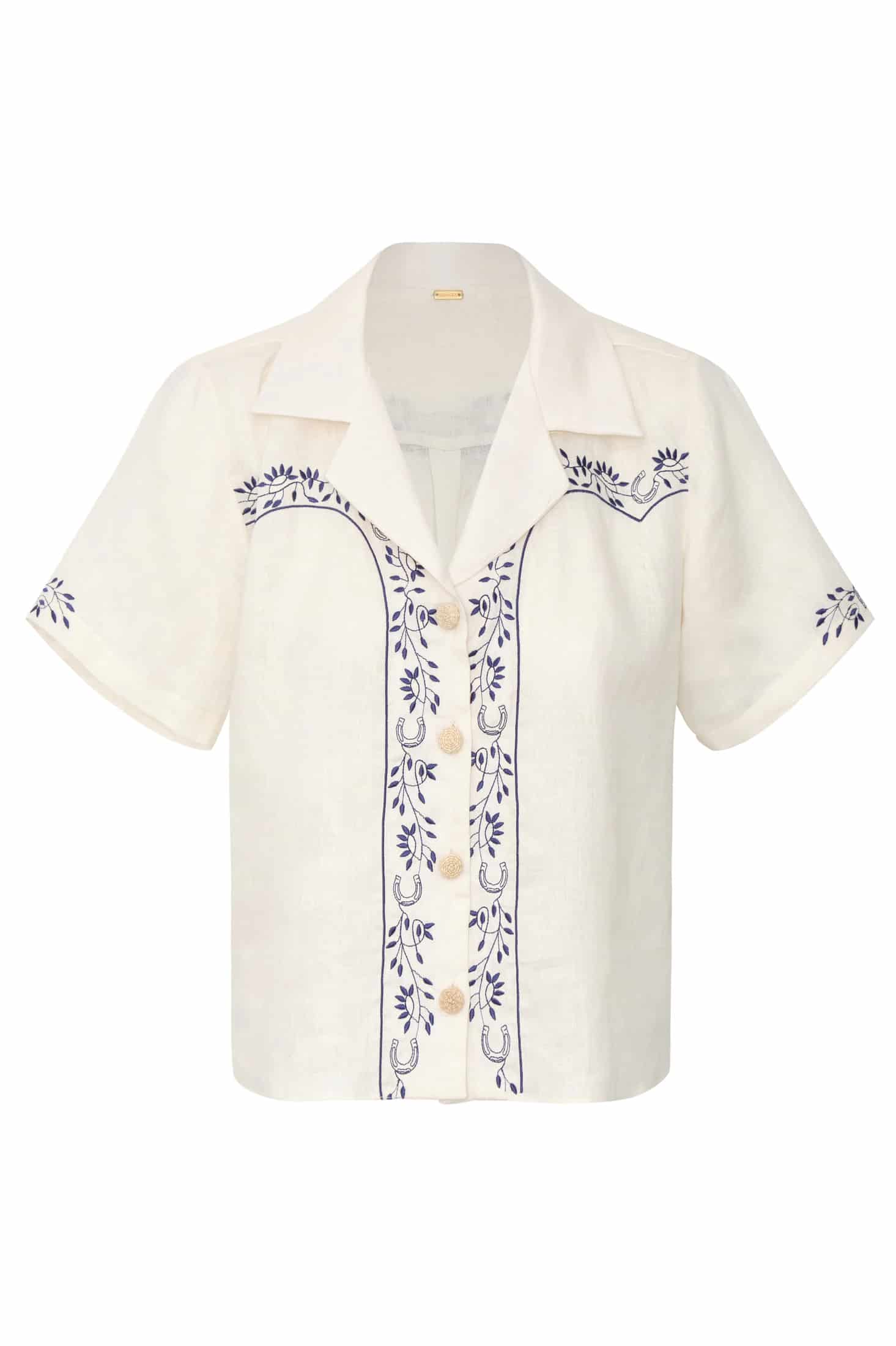 El Jared Linen Embroidered Shirt / Ivory Blue Horseshoes - miniatura 1