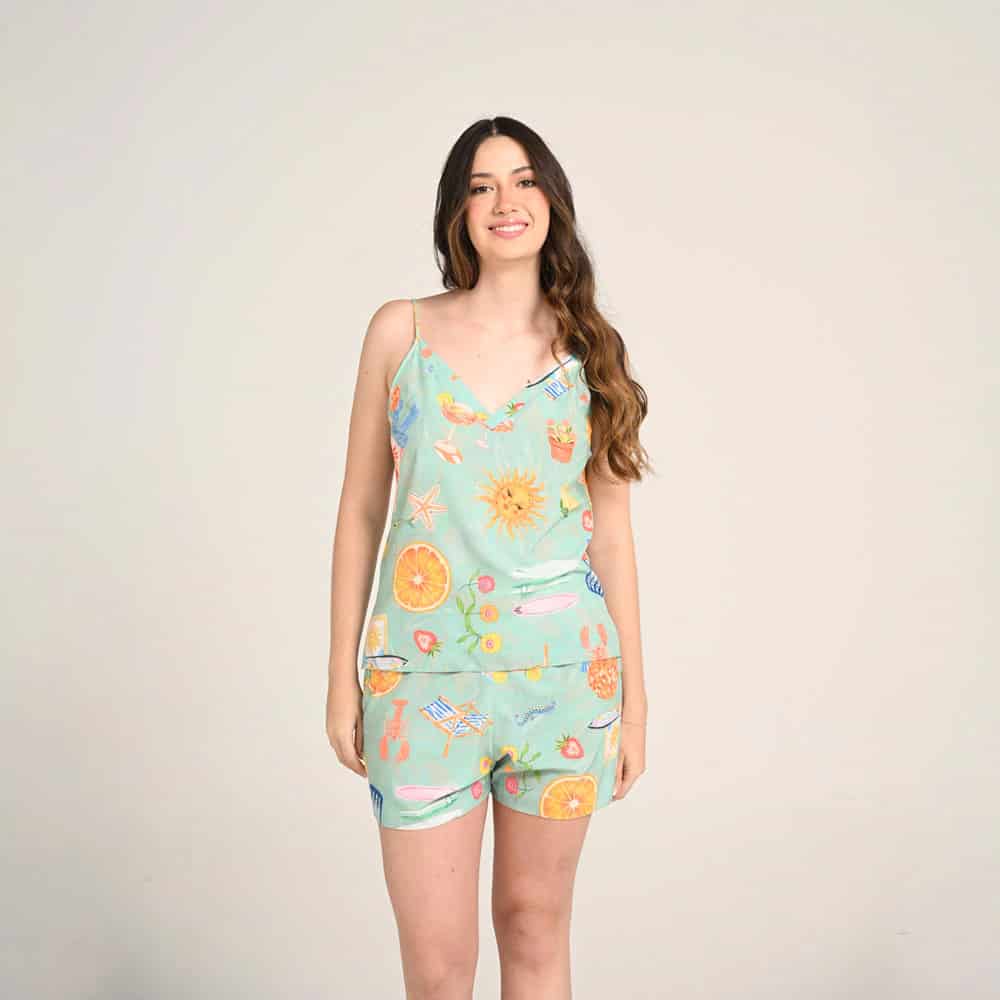 Conjunto Pijama Camisa Manga Corta y Short Mujer Estampado Verano. - miniatura 1