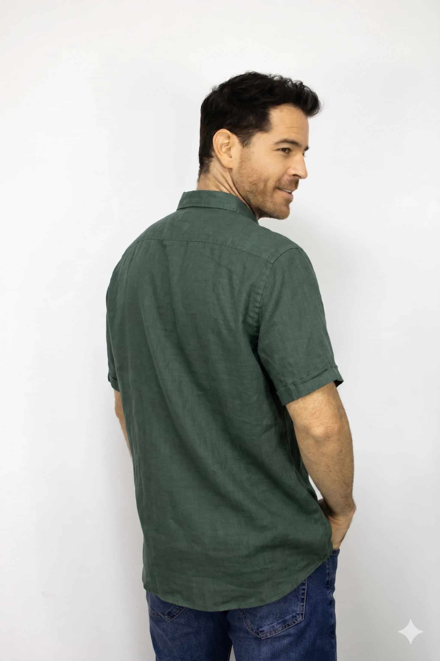 Camisa Lino Manga Corta Verde Para Hombre - miniatura 3
