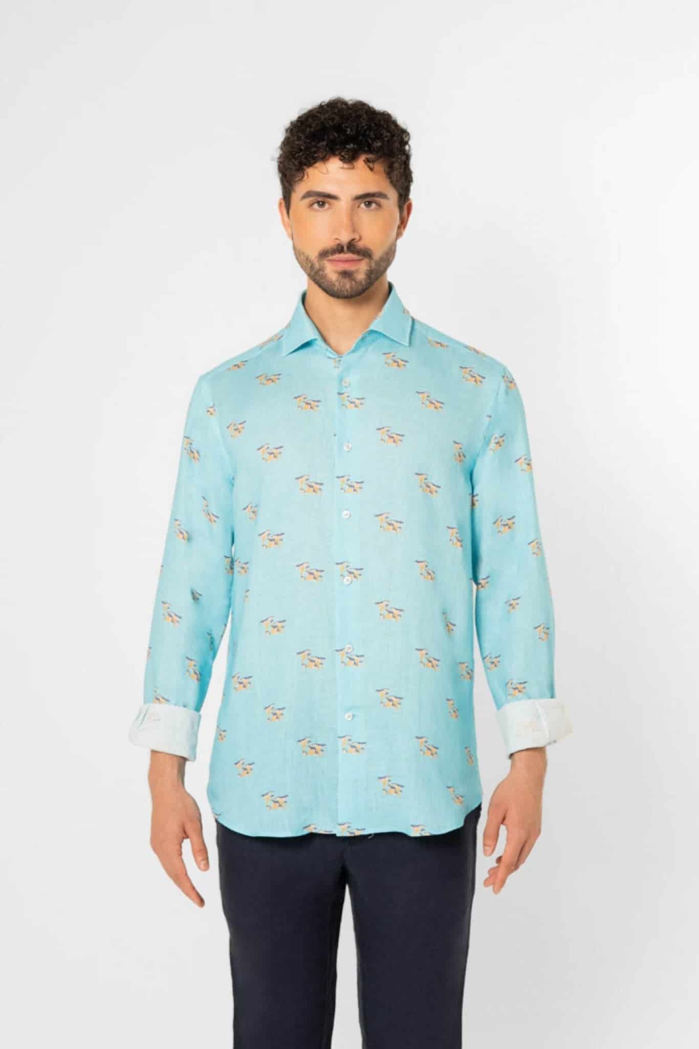 Men's linen shirt turquoise mushroom - miniatura 4