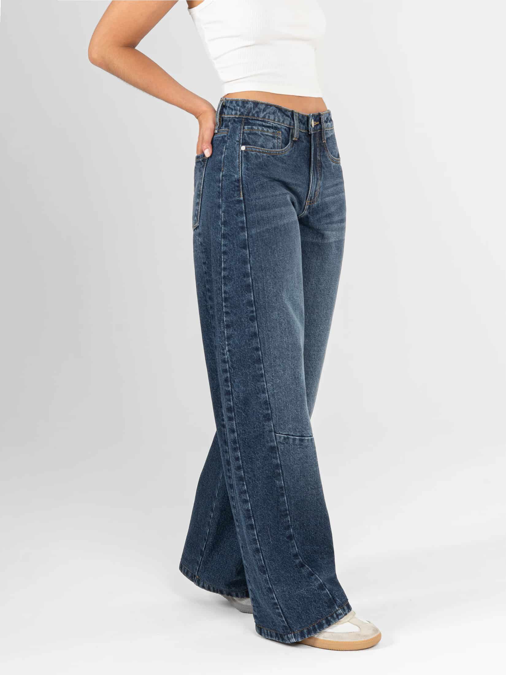 Ref: 066447 Jean wide leg, rígido, tiro alto, con cortes, tono azul oscuro - miniatura 3