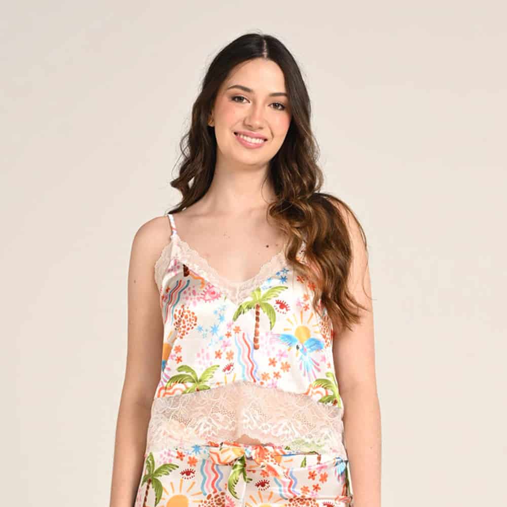 Blusa Pijama Satín de Tiras con Encaje Mujer Estampado Playa. - miniatura 1