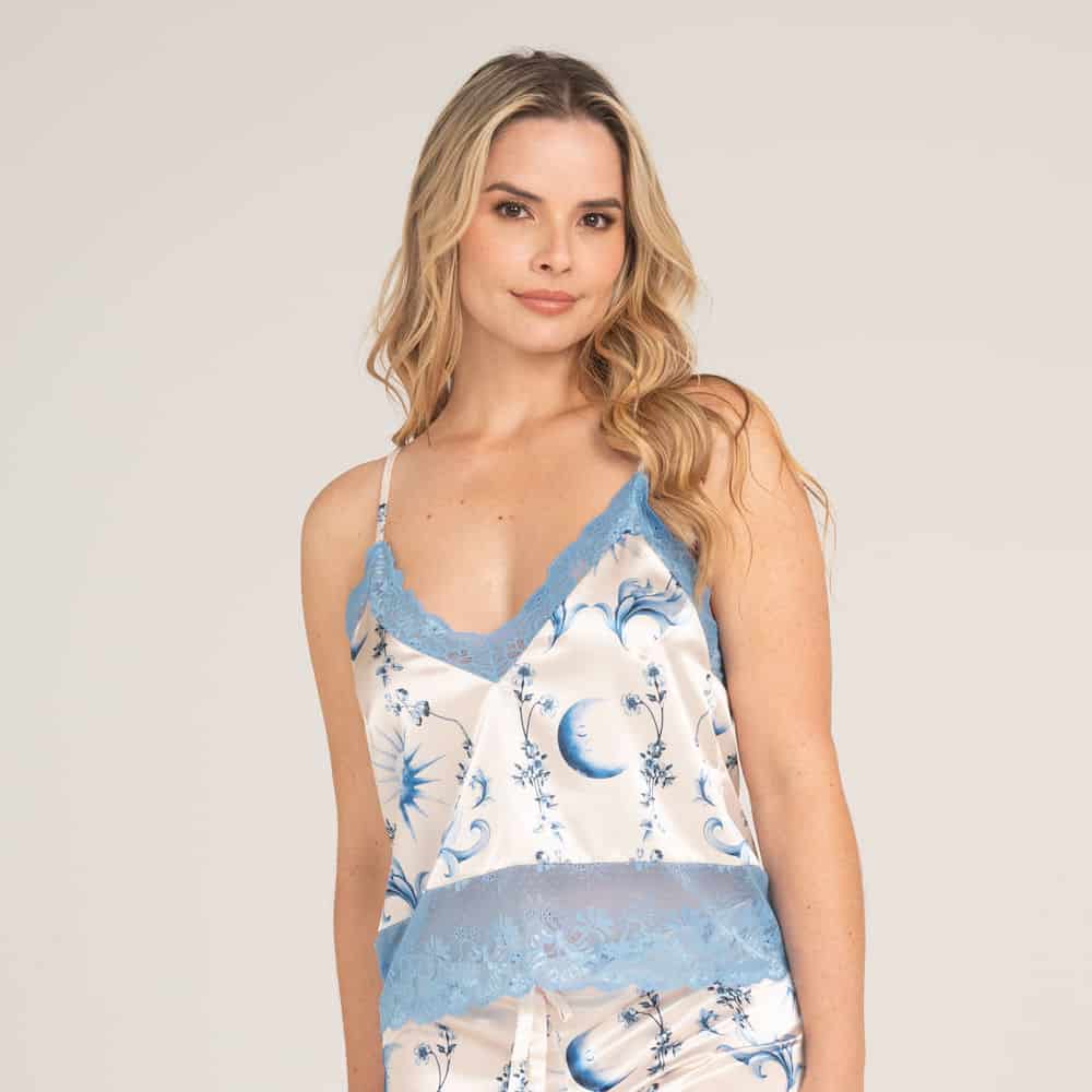 Camisa Tiras Satin Estampado Santorini. - miniatura 1