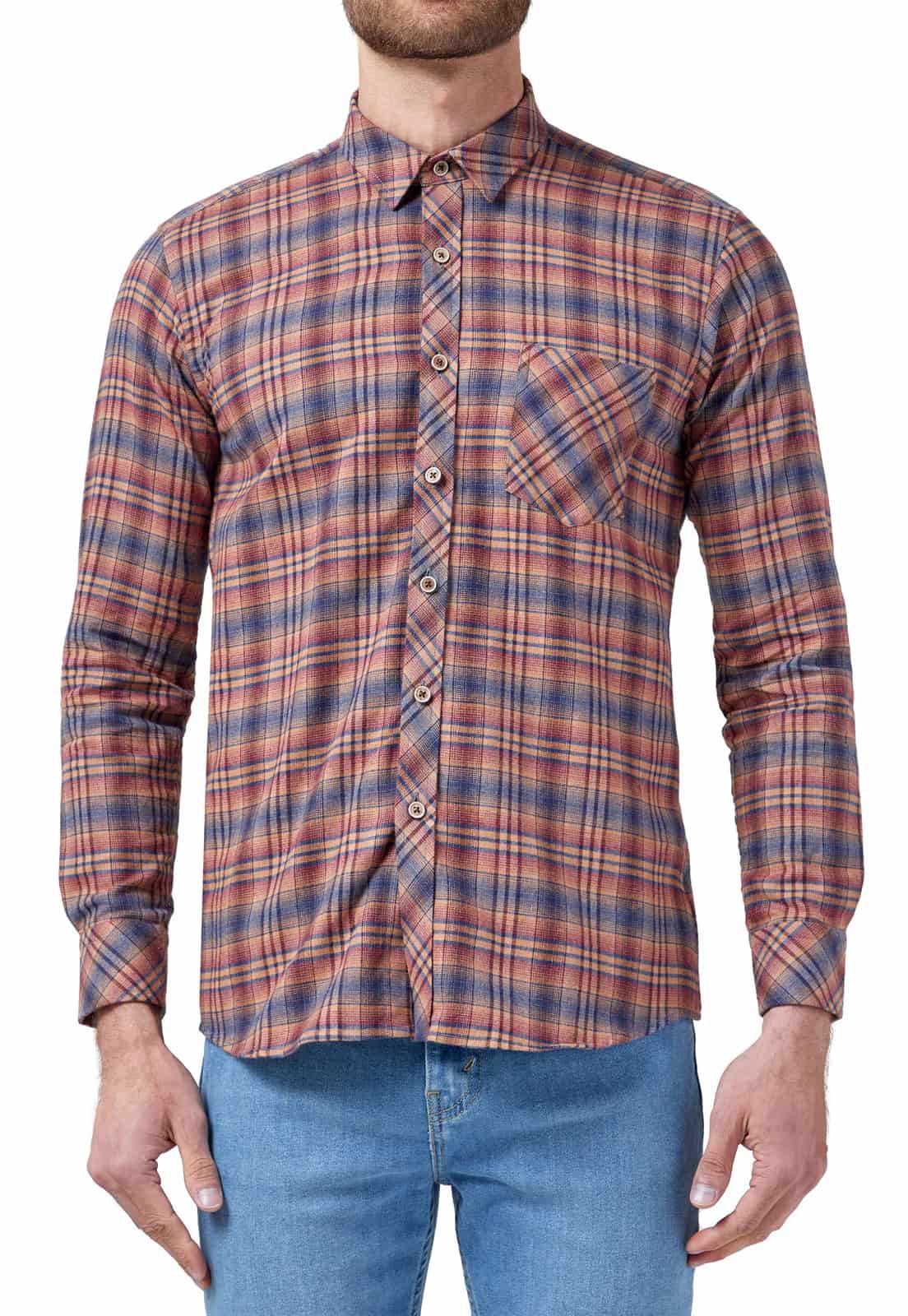 Camisa leñadora camel con rayas rojas y azules un bolsillo - miniatura 5