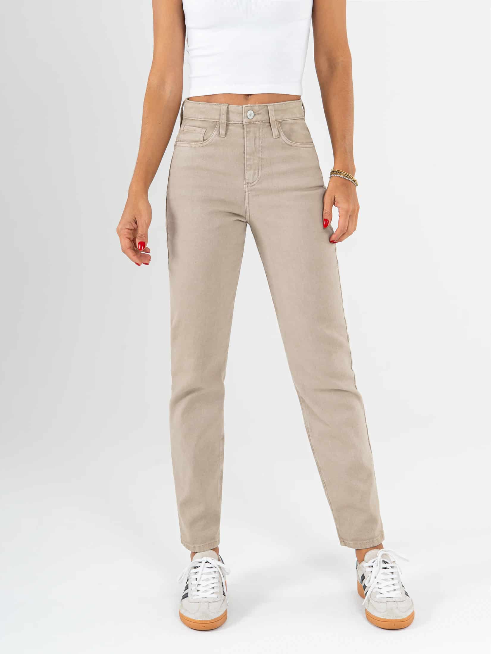 Ref: 069851 Pantalón mom fit stretch, tiro alto, tono arena. - miniatura 1