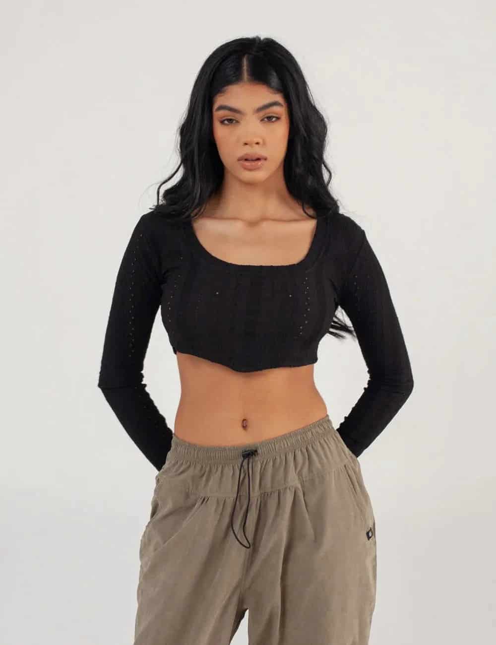 Crop Top manga larga Net negro Mujer - miniatura 12
