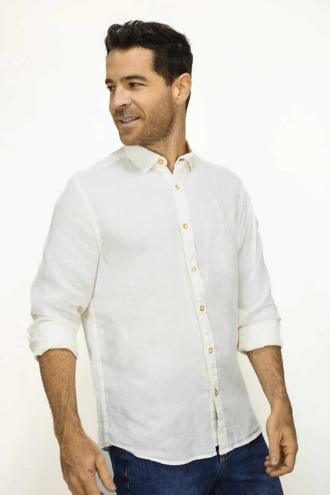 Camisa De Lino Manga Larga Blanca Para hombre - miniatura 2
