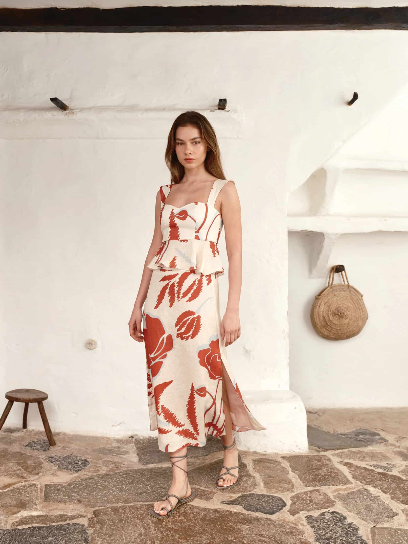 Beatrice Linen Midi Skirt / Ecru - Orange Gladiolos - miniatura 1