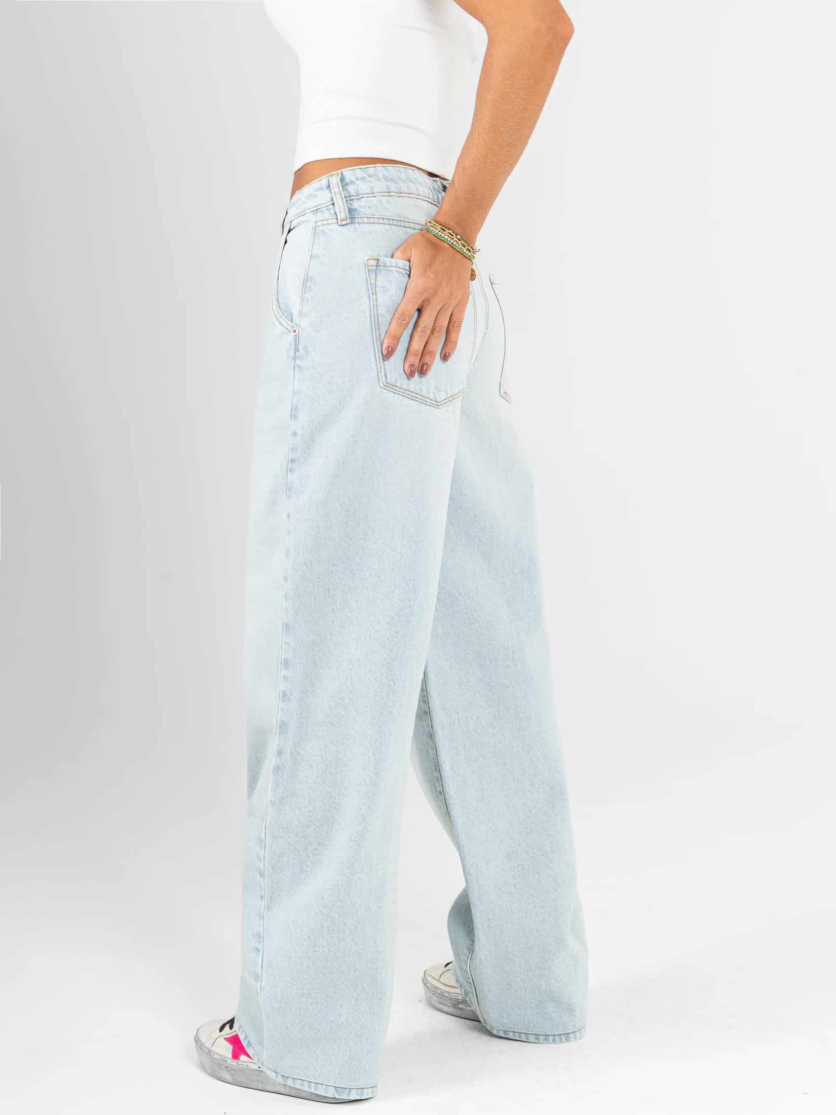 Ref: 066441 Jean wide leg, rígido, tiro alto, detalle en pretina, con cortes, tono azul claro - miniatura 2