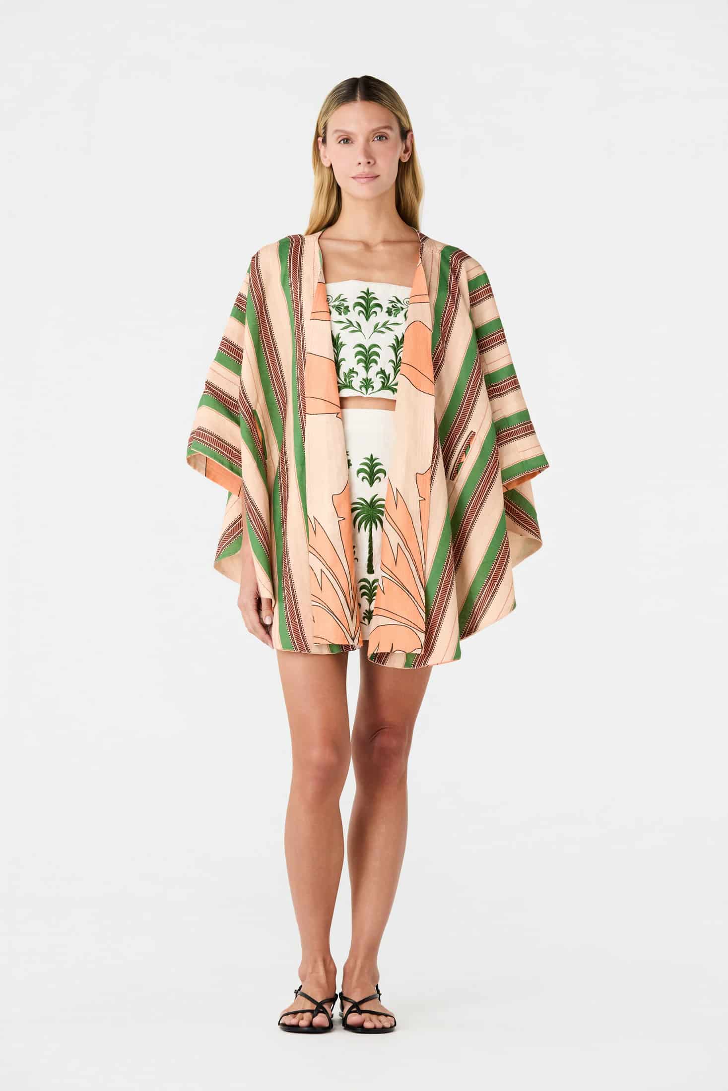 Cavalo Linen Poncho / Peach Palms - Green Artisanal Stripes - miniatura 7