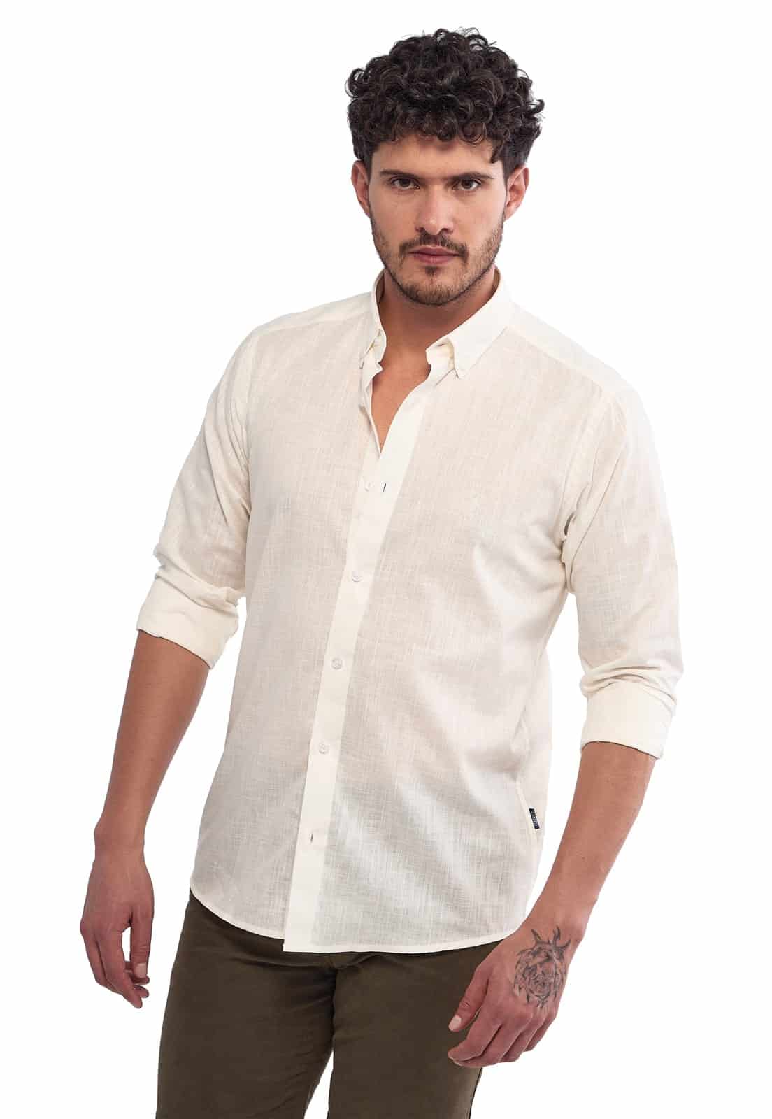 Camisa Manga Larga 100% Algodón tipo Lino Marfil - miniatura 1