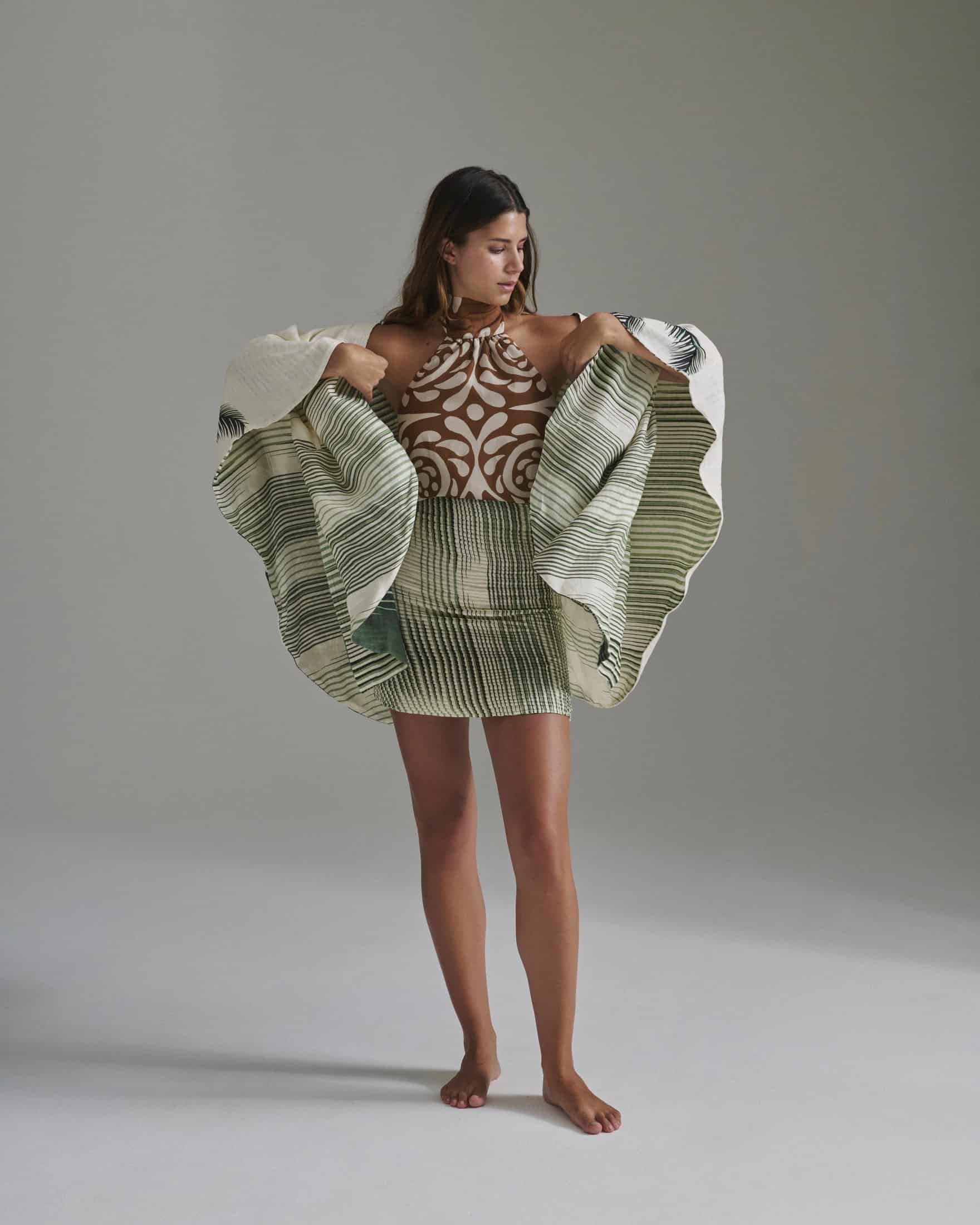 Bianca Pleated Linen Mini Skirt / Green Stripes - miniatura 2